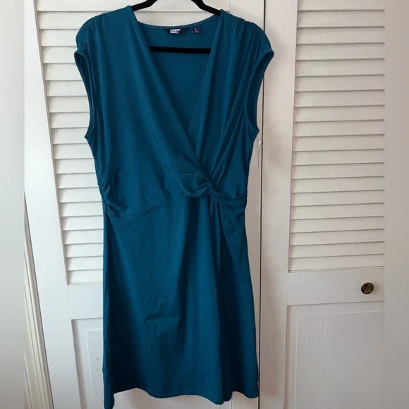 Lands’ End Teal Blue Ruched Knot Waist Dress L 14-16 Sleeveless NWT - Picture 2 of 7